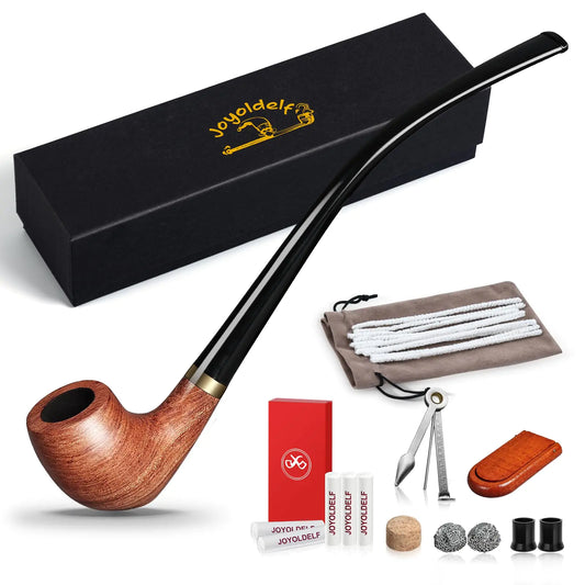 Joyoldelf Churchwarden Tobacco Pipe Set - Exquisite Rosewood Pipe Handmade Pipe with Foldable Pipe Stand Long Stem Tobacco Pipe with Gift Box and Accessories for Pipe Enthusiasts