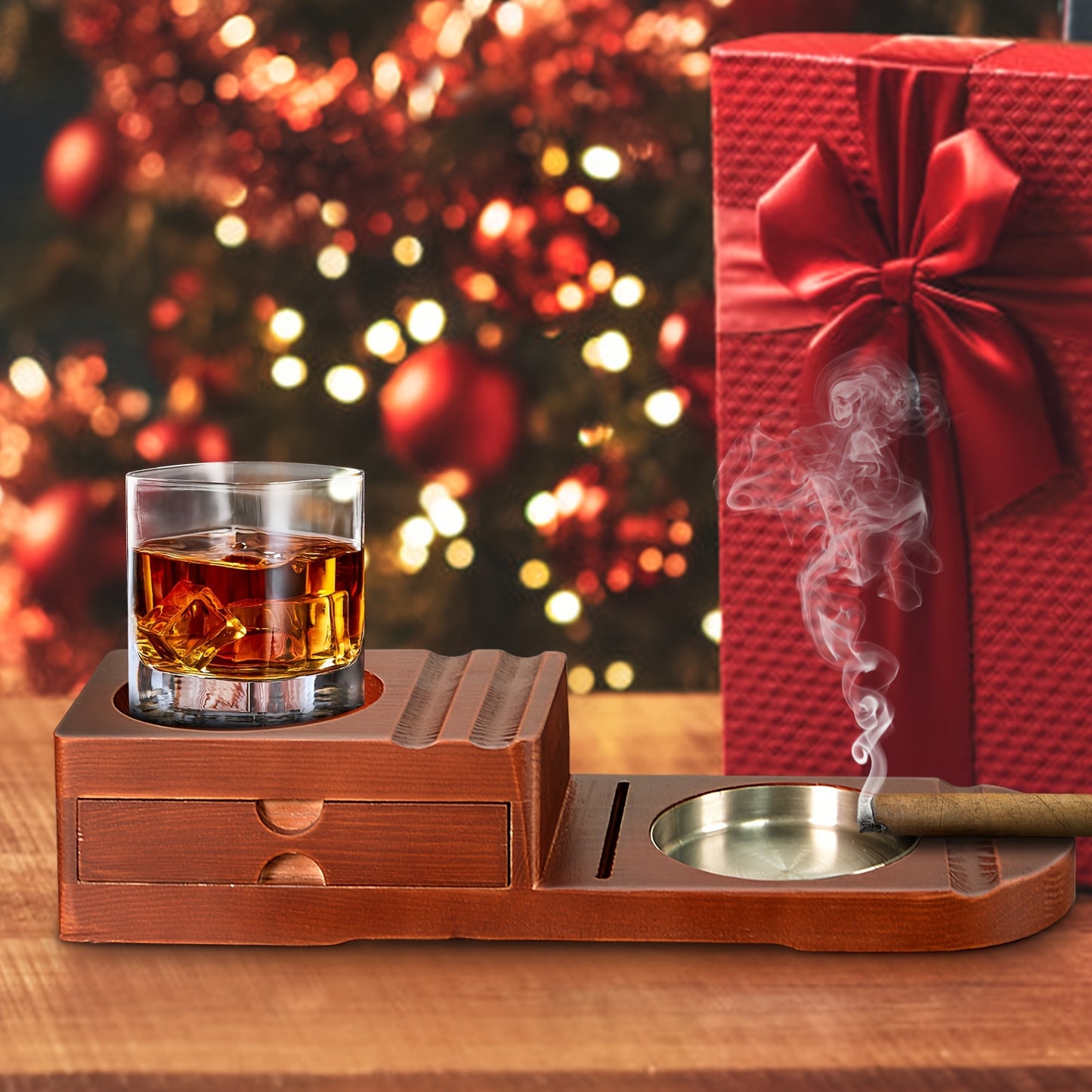 4 In 1 Cigar Humidor and Cigar Ashtray Set, Cigar Accessories with Ashtray, Drawers, Cigar Trough, Cigar Cutter Trough, Can Place Wine Glasses, Cigar Clippers, Wooden Tray, Ashtray, Cigar Accessories Kit for Men Luxury, Cigar