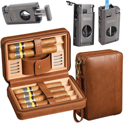 BZWBZ Travel Cigar Humidors Cigar Cutter and Lighter Set Natural Cedar Wood Lined V Cut Cigar Cutter and Cigar Punch Holds 6 Universal Cigars No Butane in Lighter