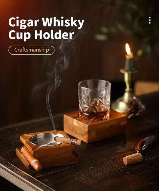Wooden Cigar Ashtray Coaster and Holder for Gifts