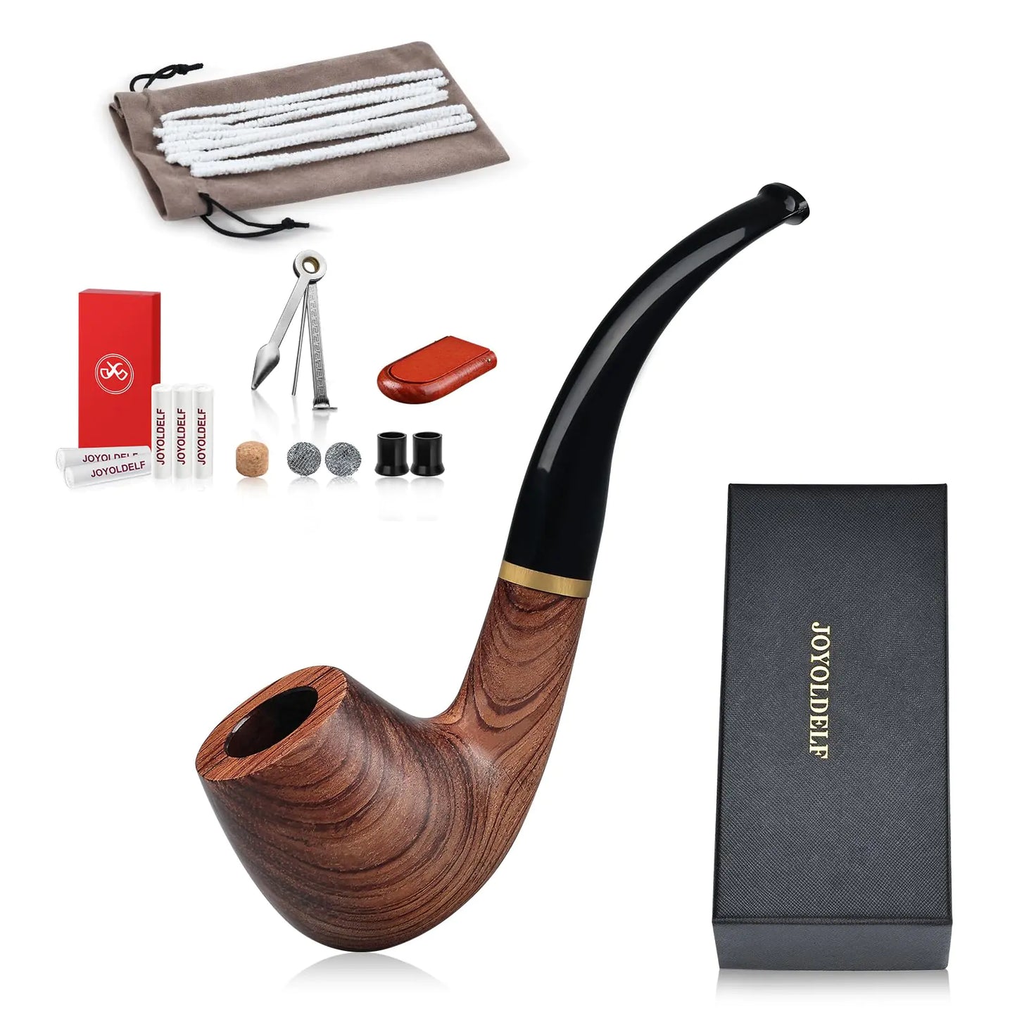 Joyoldelf Smoking Pipe Wooden Tobacco Pipe with Gift Box Rosewood Tobacco Pipes for Smoking with Tobacco Pipe Stand 9mm Pipe Filter 3-in-1 Pipe Scraper and Smoking Accessories