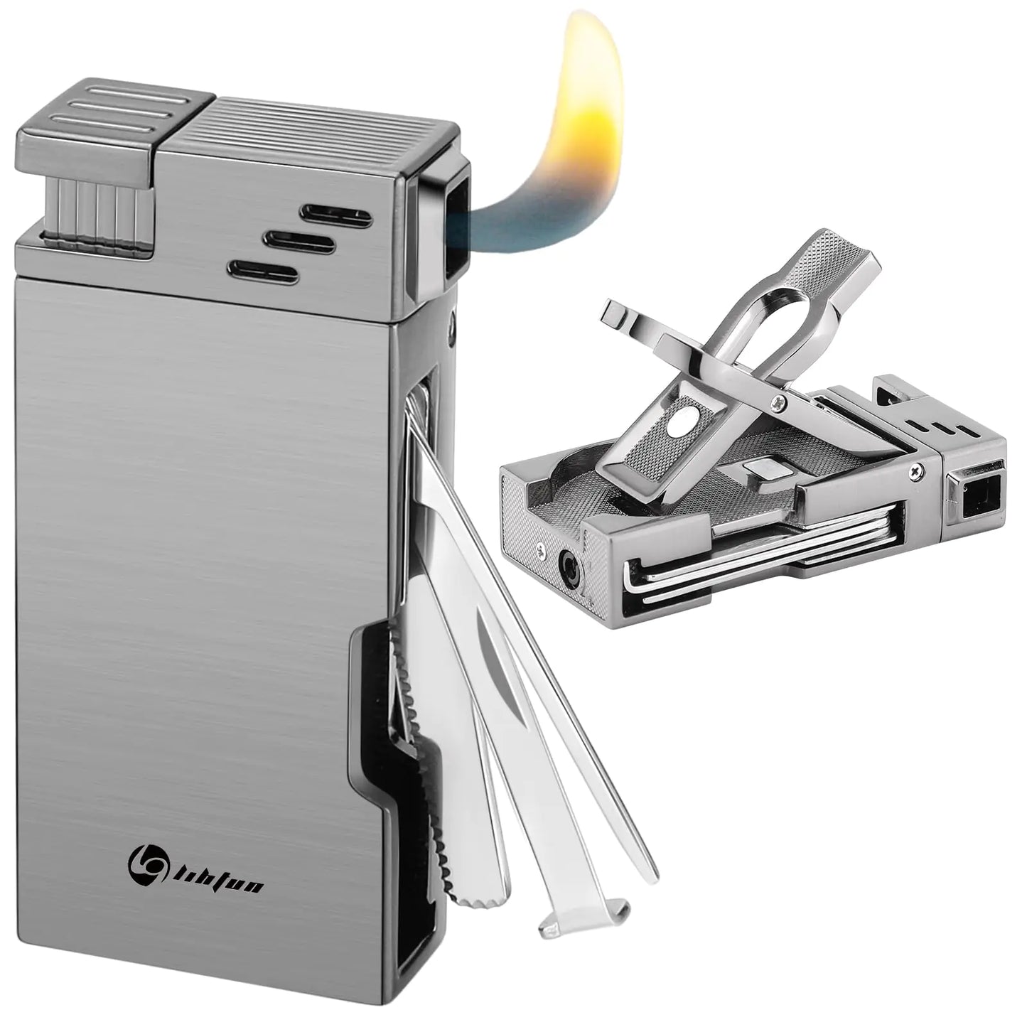 LIHTUN Pipe Lighter with Pipe Stand Refillable Butane Lighter with Stainless Steels 3 Pipe Tools Cleaner 5 in 1 Soft Flame Lighter Portable Pipe Lighters for Outdoor Indoor with Gift Box (Ash Gray)