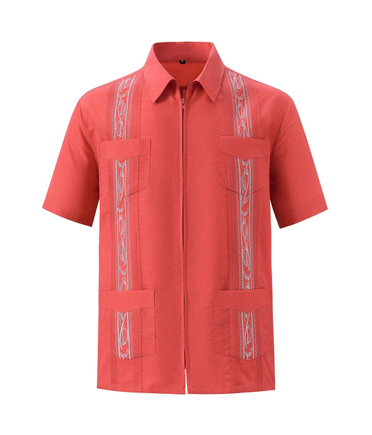 Mens Casual Shirts Guayabera Short Sleeve Zipper Cuban Shirts Mexico Style(RedL)