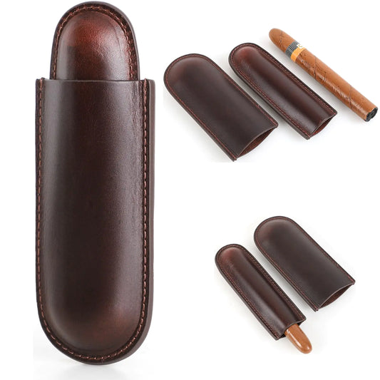 CataPurus Top Grain Leather Travel Cigar Case Sleeve Vintage Design Fully Handmade Genuine Leather Portable Cigar Humidor Case Gift Choice for Cigar Lovers Vintage Coffee for 1 Finger