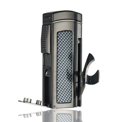 Table Cigar Lighter Large Size Windproof Lighters Metal Torch Butane Lighter 4 Jet Red Flame Refillable Lighter with Two Tools Cigar Punch and Cigar Scissors (Gunmetal)