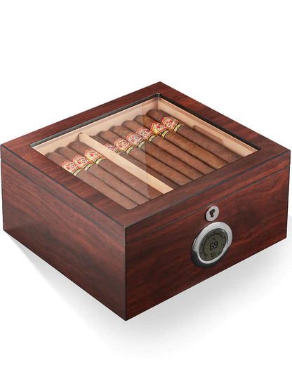 Flauno Cedar Cigar Humidor Easy Humidification System Accurate Digital Hygrometer Holds up to 60 Cigars Cigar Box with Lock 2 Humidifiers Slotted Tray & Shelf Dividers Gift for Cigar Lovers